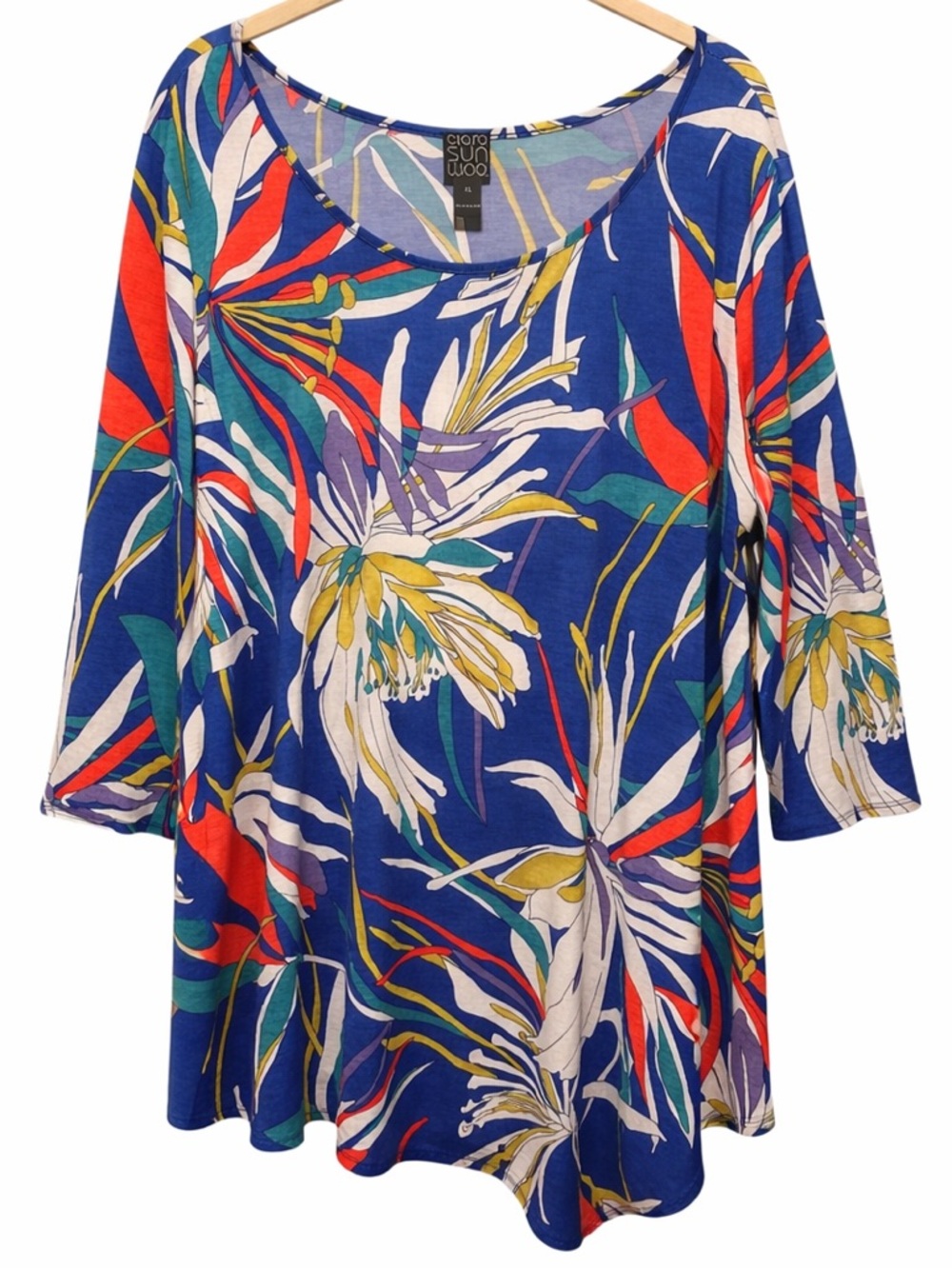 Clara Sun Woo Tropical Print Tunic XL Asymmetrical Hem Stretch Top 3/4” Sleeves